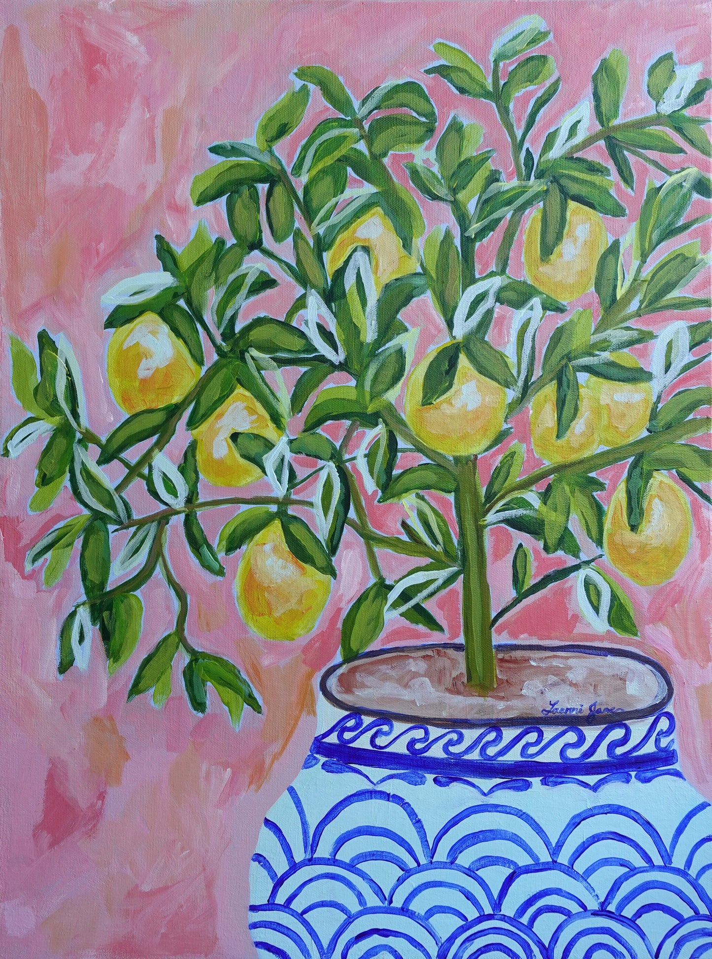 Lemon Tree in Blue & White Vase – Original Acrylic Painting on Canvas (18x24 Inches)