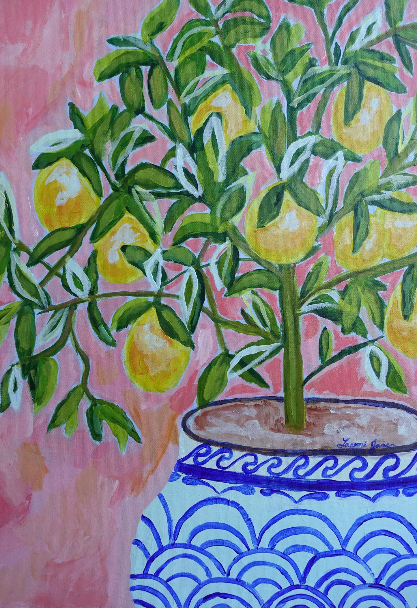 Lemon Tree in Blue & White Vase – Original Acrylic Painting on Canvas (18x24 Inches)