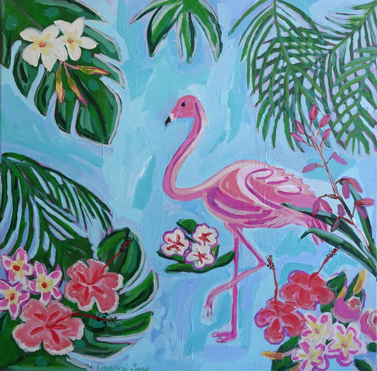 Painting of a pink flamingo among tropical flowers and leaves on a blue background