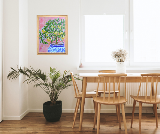 Lemon Tree in Blue & White Vase – Original Acrylic Painting on Canvas (18x24 Inches)